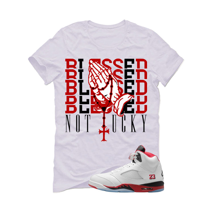 Air Jordan 5 Fire Red Black Tongue White T-Shirt (Blessed product image 2