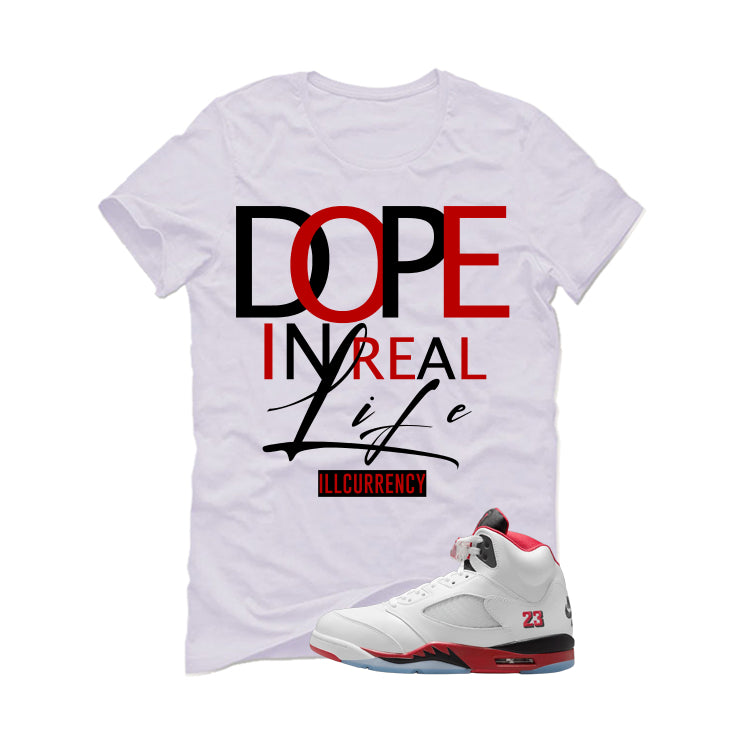 Air Jordan 5 Fire Red Black Tongue White T-Shirt (DOPE) product image 2