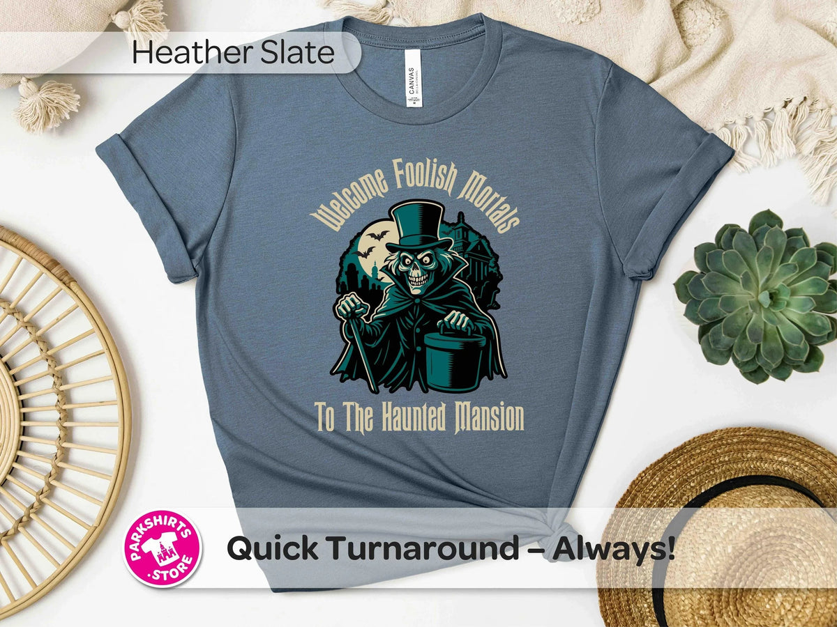 Haunted Mansion Shirt, Welcome Foolish Mortals Tee, Tan Print Spooky Disney Shirt, Halloween Park Tee, Haunted Disney Vacation